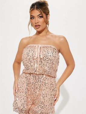 Fashion Nova Blush Sequin Strapless Romper